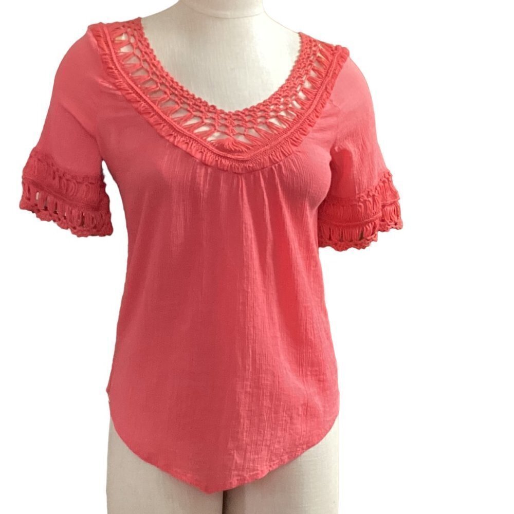 Westport 1962 100% Cotton Gauze and Crochet Top Sz S BOHO Beach Coral Pink 130A